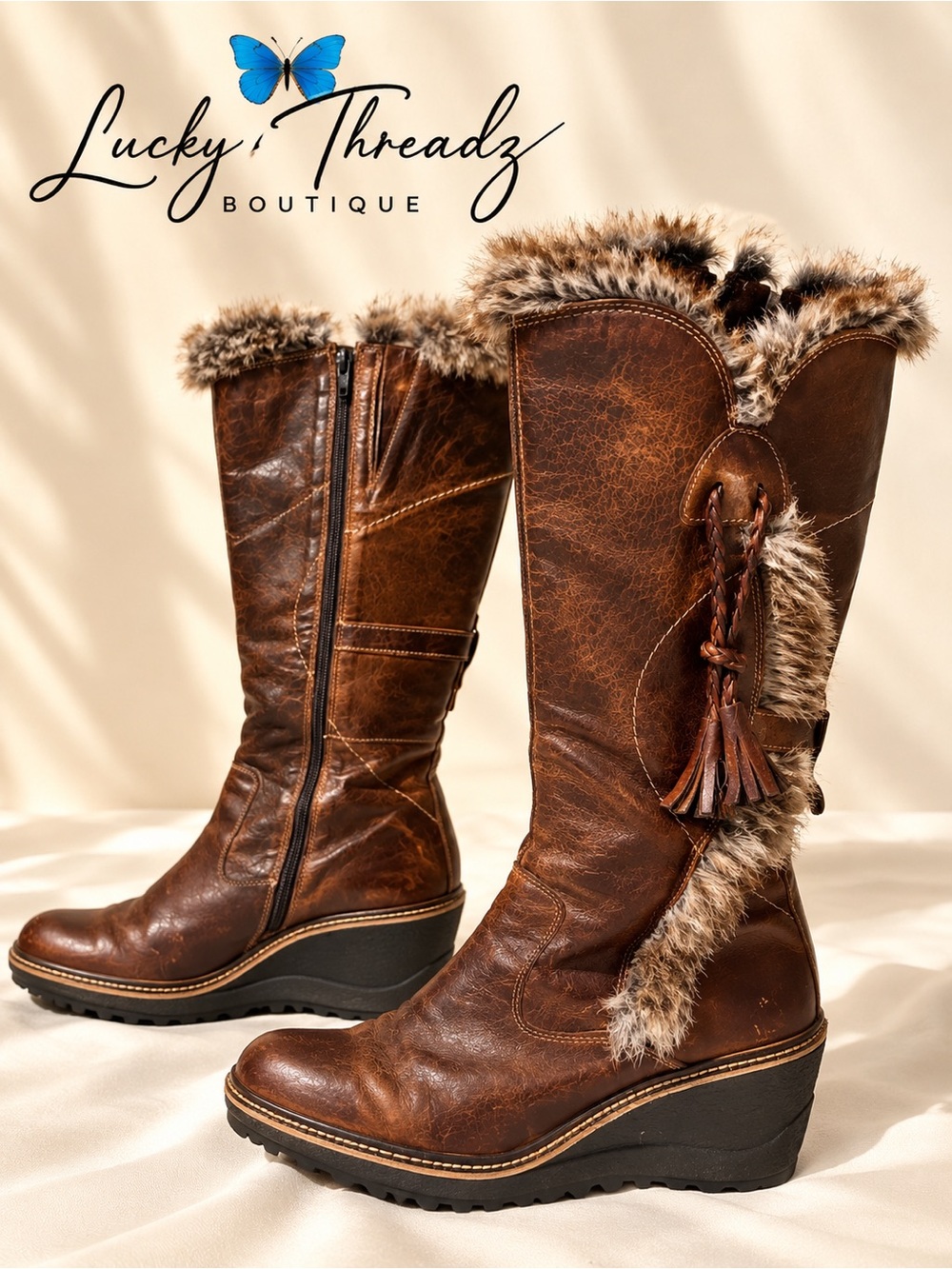 Italian Leather Wedge Tall Boots Fur Trim Tassel Brown EU 37 US 6.5 Apres Ski